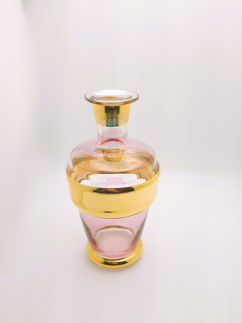 Vintage Pink Glass Gold Band Decanter Bottle MCM Hollywood Regency 8" No Stopper